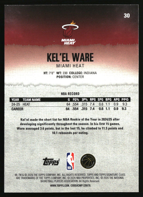 Kel'el Ware 2025-26 Topps Signature Class #30