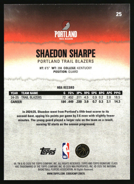 Shaedon Sharpe 2025-26 Topps Signature Class #25