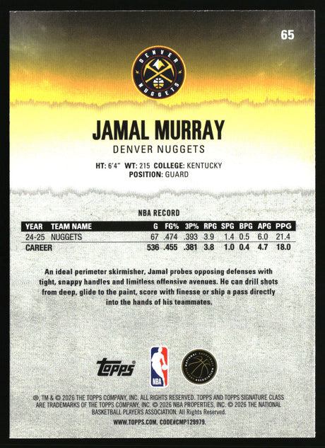 Jamal Murray 2025-26 Topps Signature Class #65