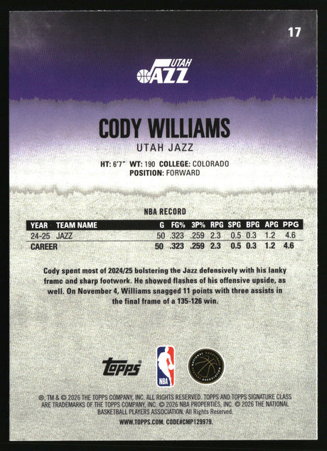 Cody Williams 2025-26 Topps Signature Class #17