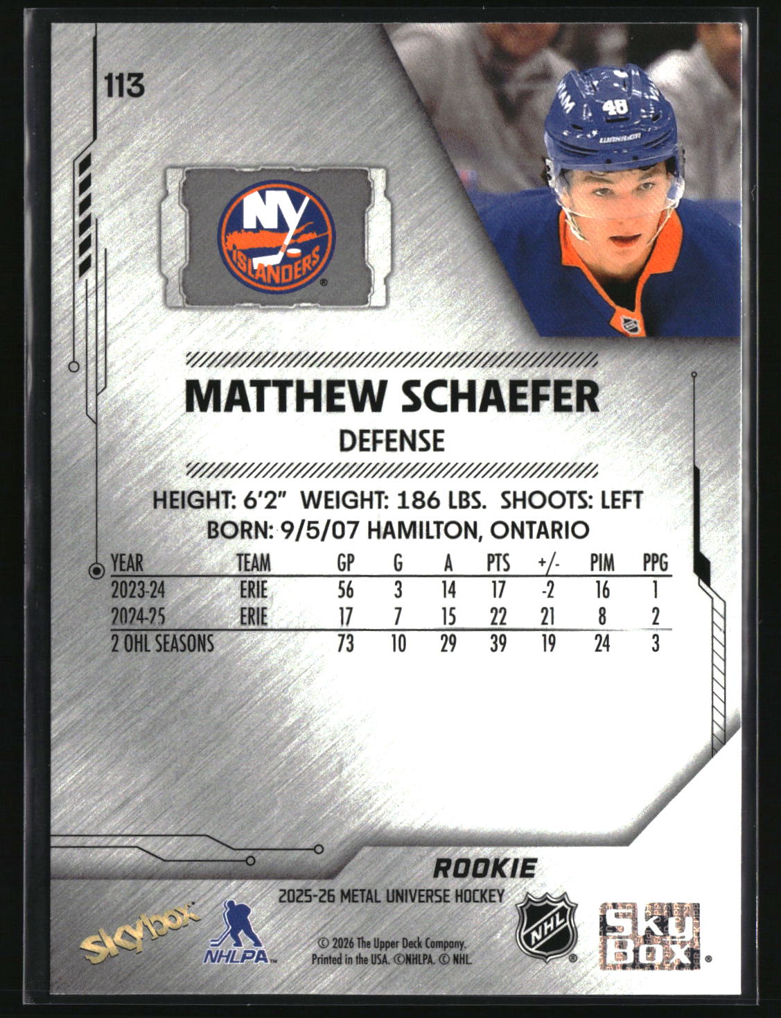 Matthew Schaefer 2025-26 SkyBox Metal Universe #113