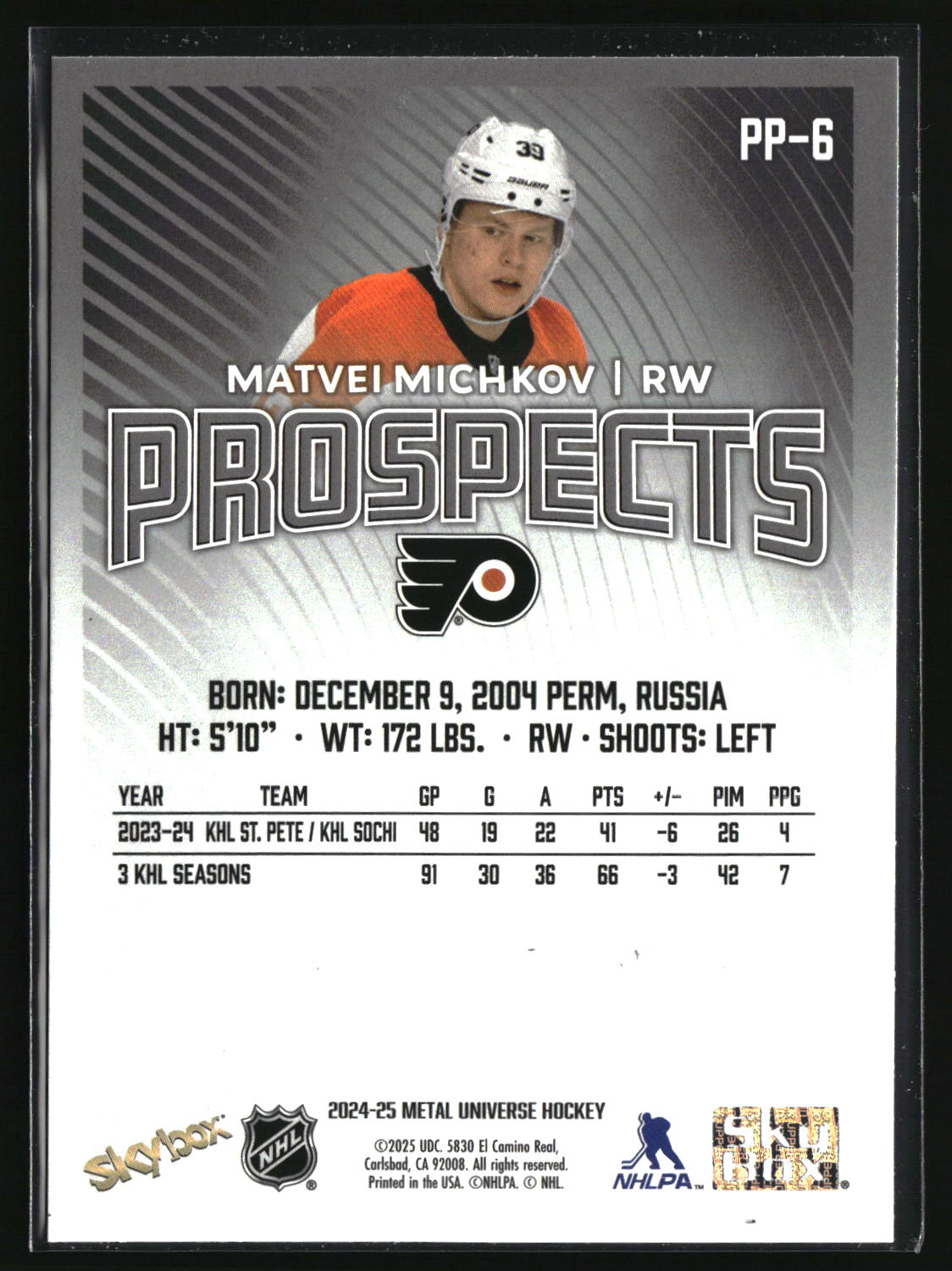 Matvei Michkov 2024-25 SkyBox Metal Universe Skybox Premium Prospects #PP-6