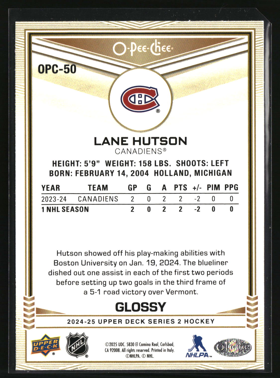 Lane Hutson 2024-25 Upper Deck O-Pee-Chee Glossy #OPC-50