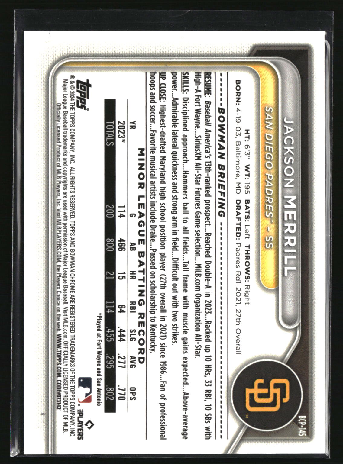 Jackson Merrill 2024 Bowman Chrome Prospects Green Grass Ref #BCP-145 #/99