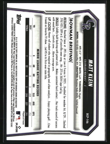 Matt Klein 2026 Bowman Chrome Prospects #BCP-146