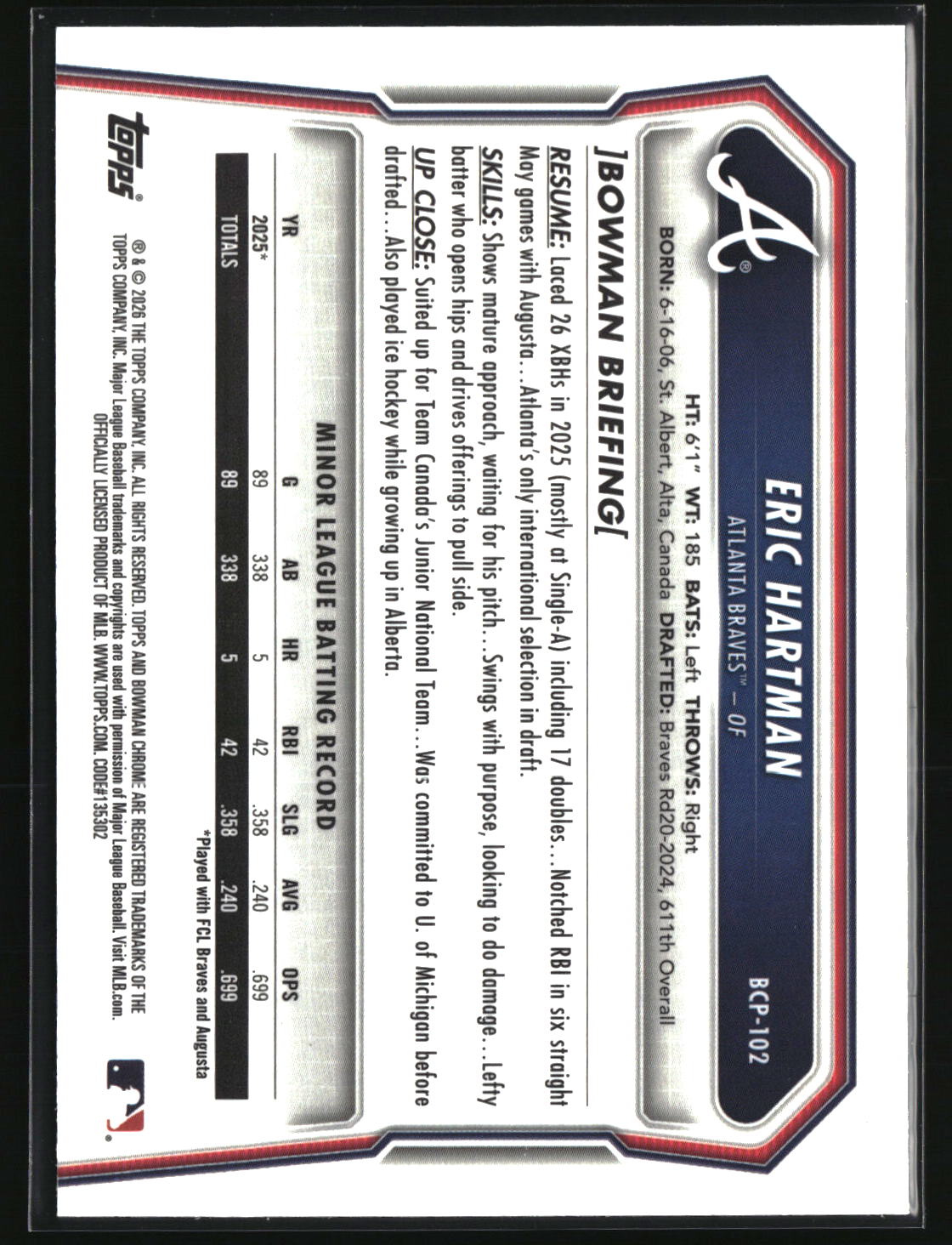 Eric Hartman 2026 Bowman Chrome Prospects #BCP-102