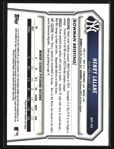 Henry Lalane 2026 Bowman Chrome Prospects #BCP-104