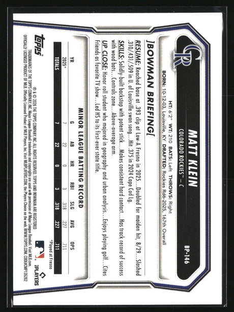 Matt Klein 2026 Bowman Prospects #BP-146