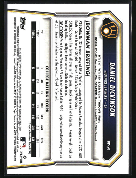 Daniel Dickinson 2026 Bowman Prospects #BP-50