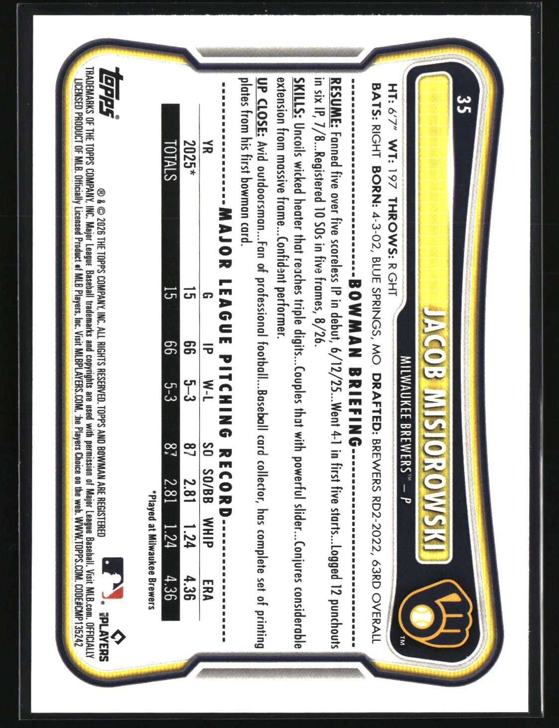 Jacob Misiorowski 2026 Bowman #35