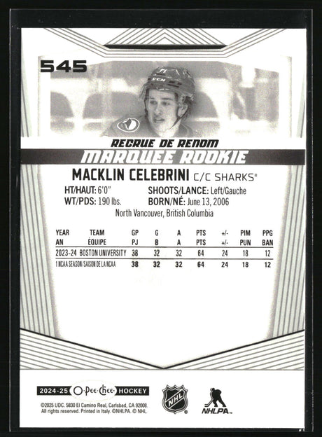 Macklin Celebrini 2024-25 O-Pee-Chee #545