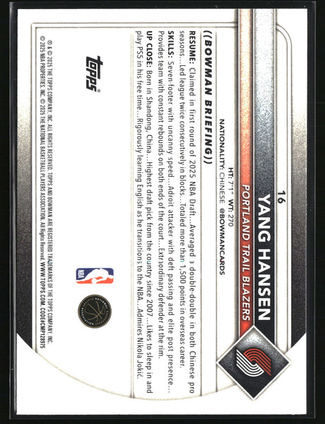 Yang Hansen 2025-26 Bowman #16