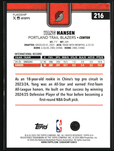 Yang Hansen 2025-26 Topps Diamante #216