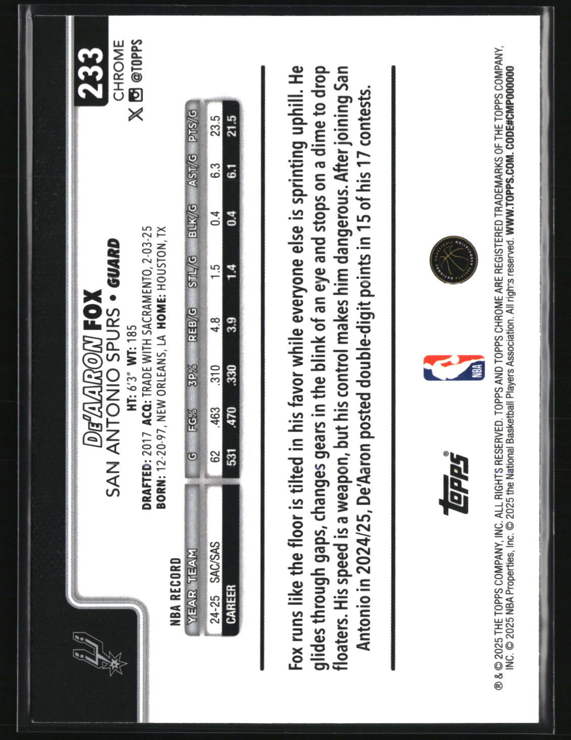 De'Aaron Fox 2025-26 Topps Chrome Basketball Refractor #233