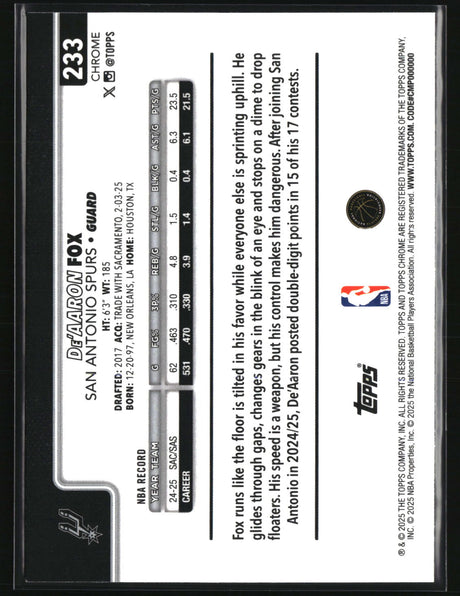 De'Aaron Fox 2025-26 Topps Chrome Basketball Refractor #233
