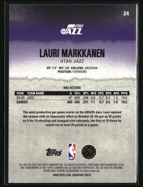 Lauri Markkanen 2025-26 Topps Signature Class Blue & Orange #24