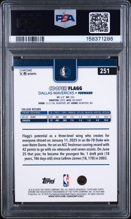 Cooper Flagg 2025-26 Topps Chrome #251 PSA 9