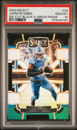 Jahmyr Gibbs 2023 Panini Select Black and Green Prizms Die Cuts #34 PSA 10