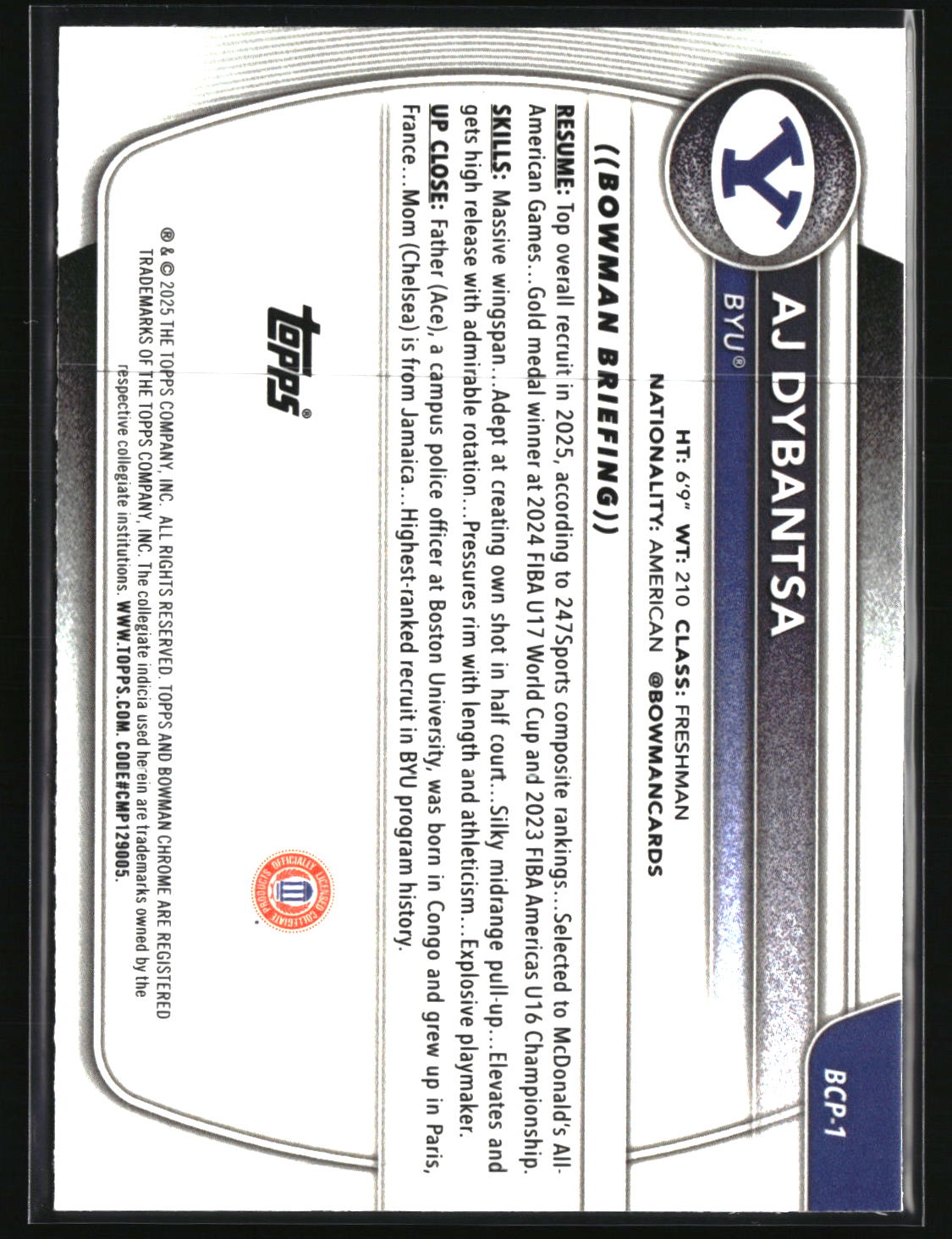 AJ Dybantsa 2025-26 Bowman Chrome Prospects Blue Mojo Refractor #BCP-1 #/150