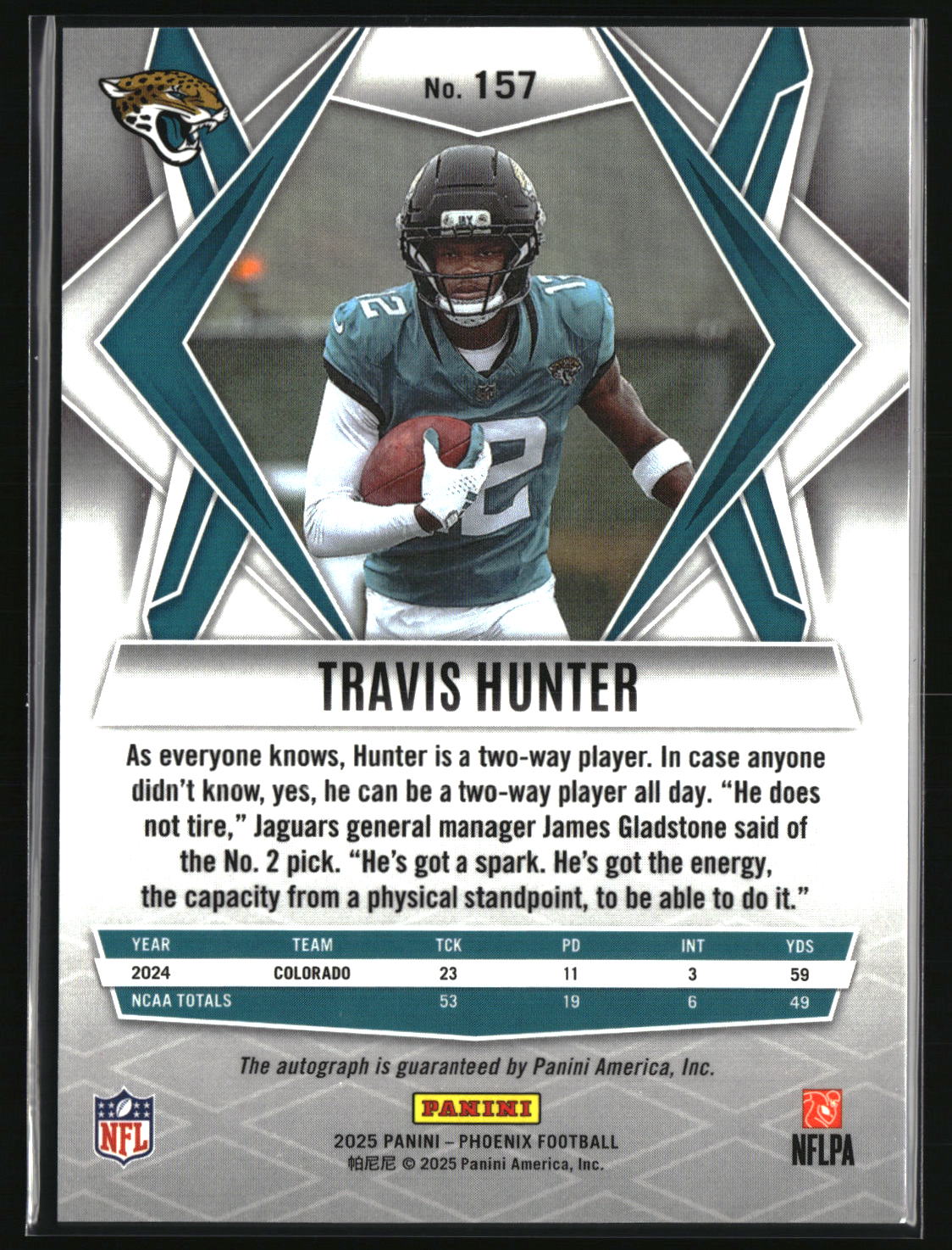 Travis Hunter 2025 Panini Phoenix Base Rookie Autographs Pyramids Prizm #157