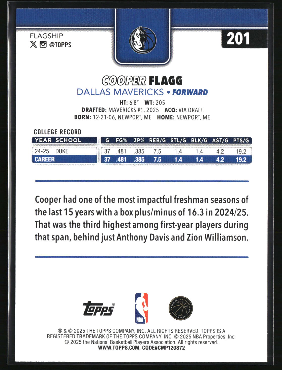 Cooper Flagg 2025-26 Topps #201