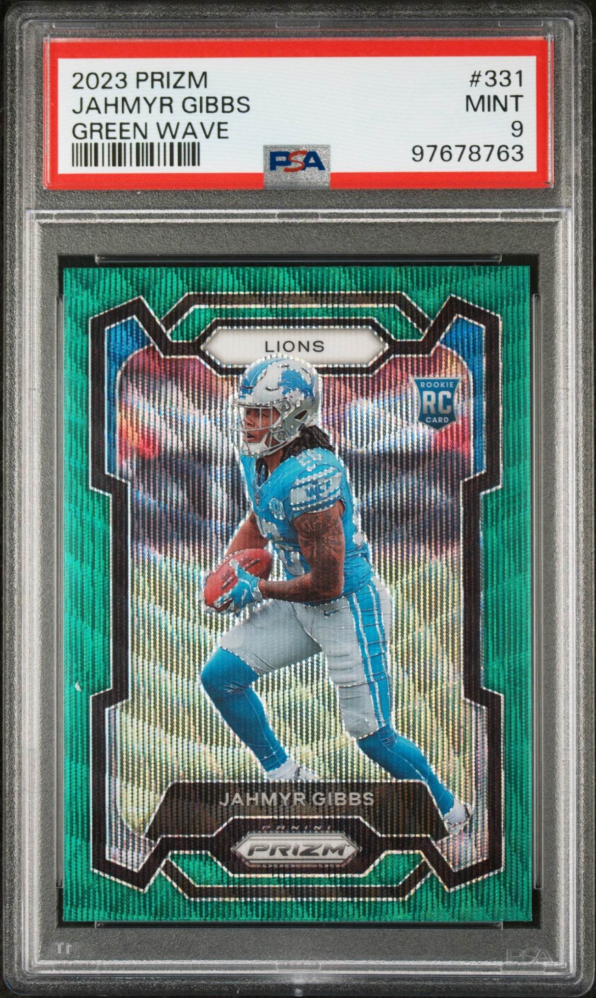 Jahmyr Gibbs 2023 Panini Prizm Green Wave #331 PSA 9