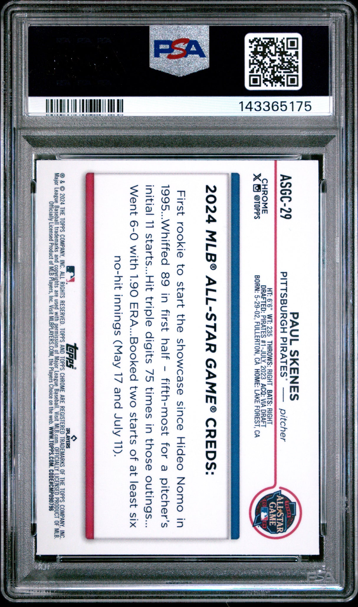 Paul Skenes 2024 Topps Chrome Update 2024 All-Star Game Chrome #ASGC-29 PSA 9