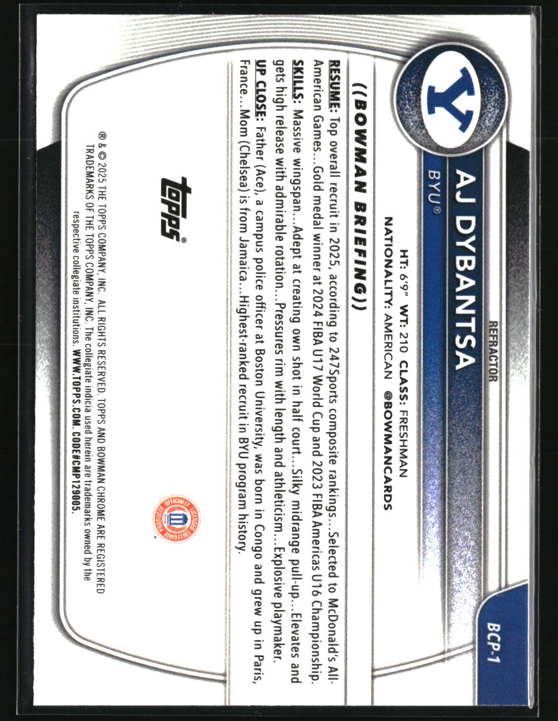 AJ Dybantsa 2025-26 Bowman Chrome Prospects Refractor #BCP-1 #/499