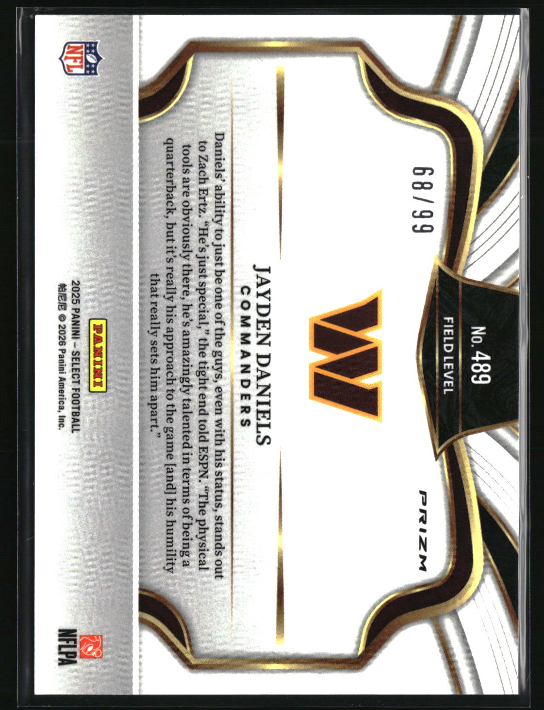 Jayden Daniels 2025 Panini Select Tri-Color Prizm #489 #/99