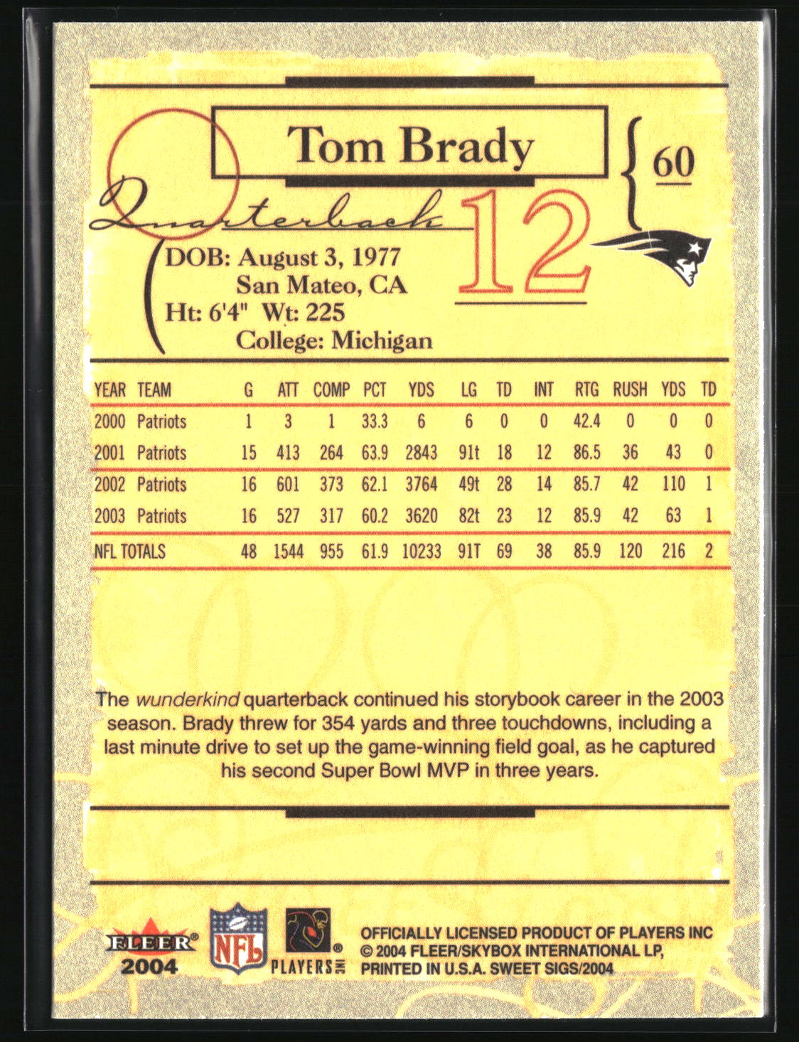Tom Brady 2004 Fleer Sweet Sigs #60