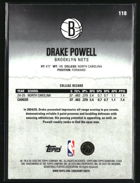 Drake Powell 2025-26 Topps Signature Class Blue & Orange #118