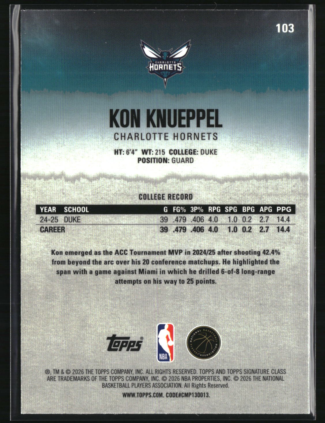Kon Knueppel 2025-26 Topps Signature Class Chrome #103