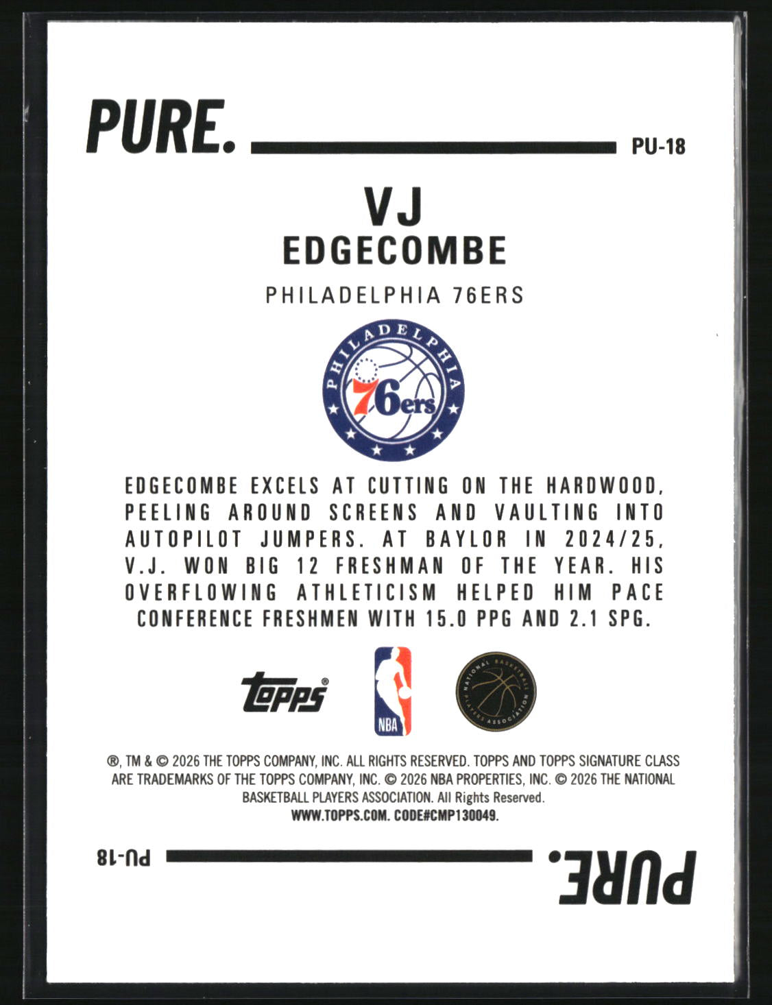 VJ Edgecombe 2025-26 Topps Signature Class Pure #PU-18