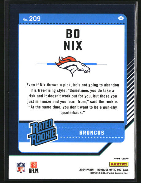 Bo Nix 2024 Donruss Optic Blue Hyper #209