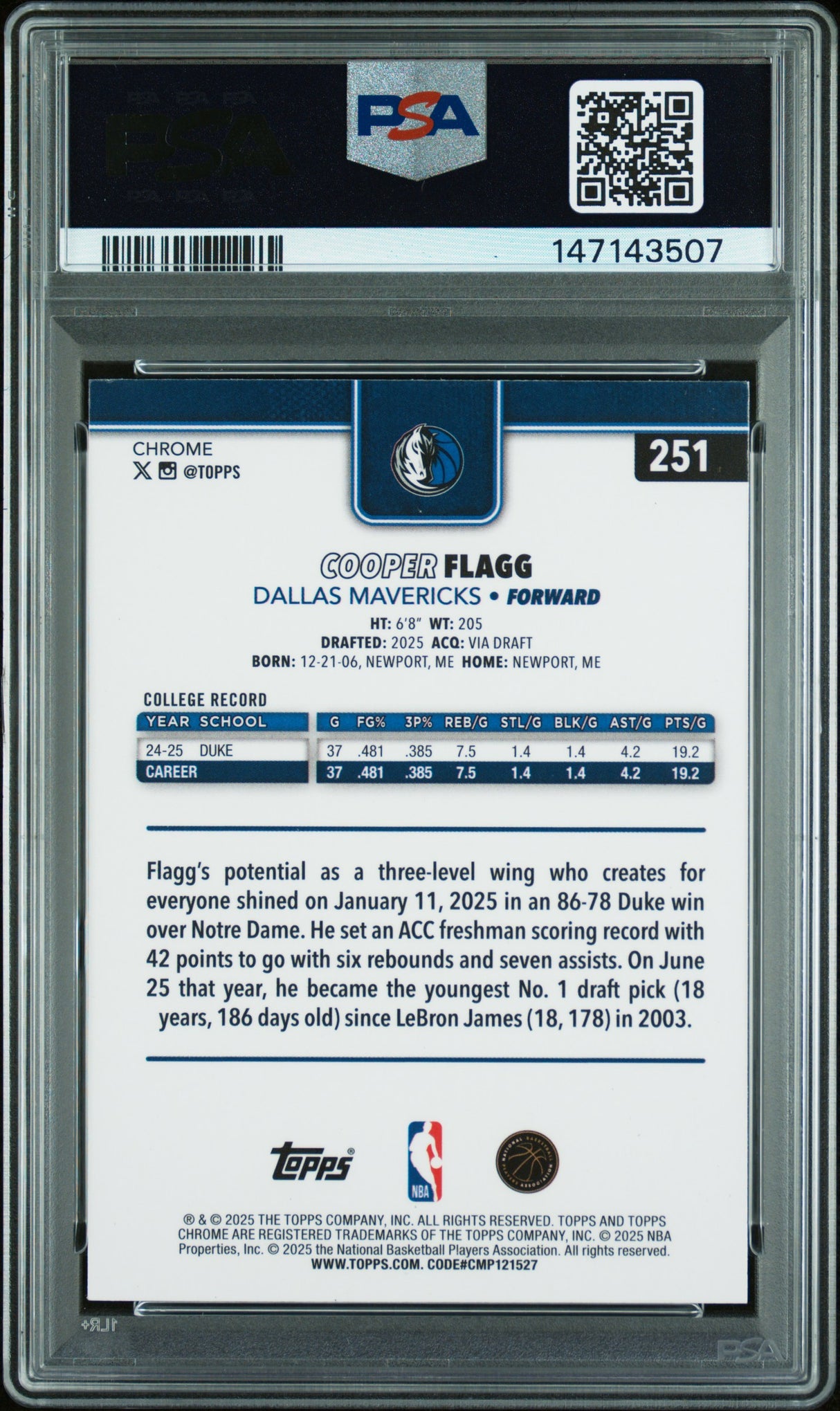 Cooper Flagg 2025-26 Topps Chrome #251 PSA 9