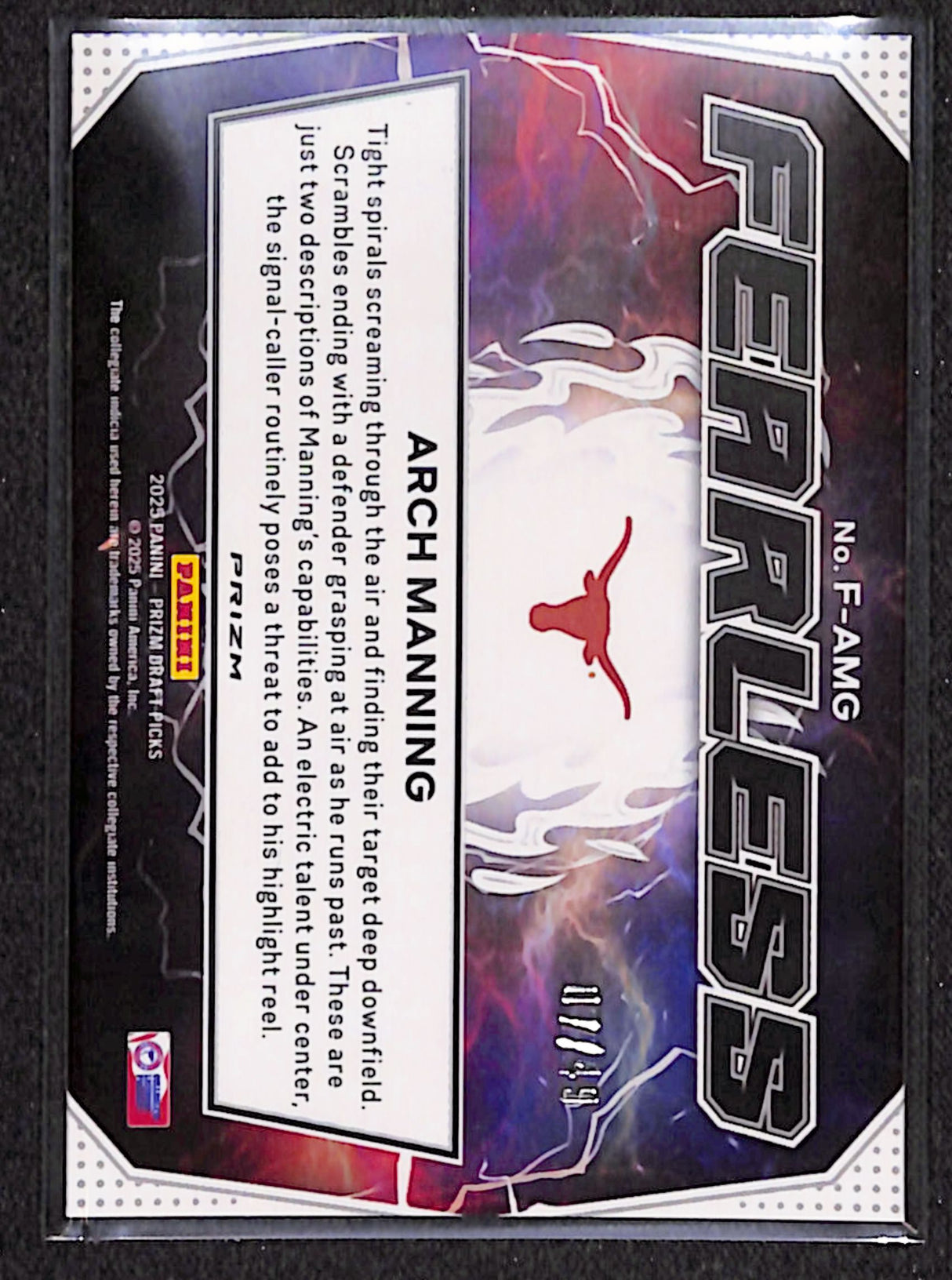 Arch Manning 2025 Panini Prizm Draft Picks Fearless Red Flash #F-AMG #/49