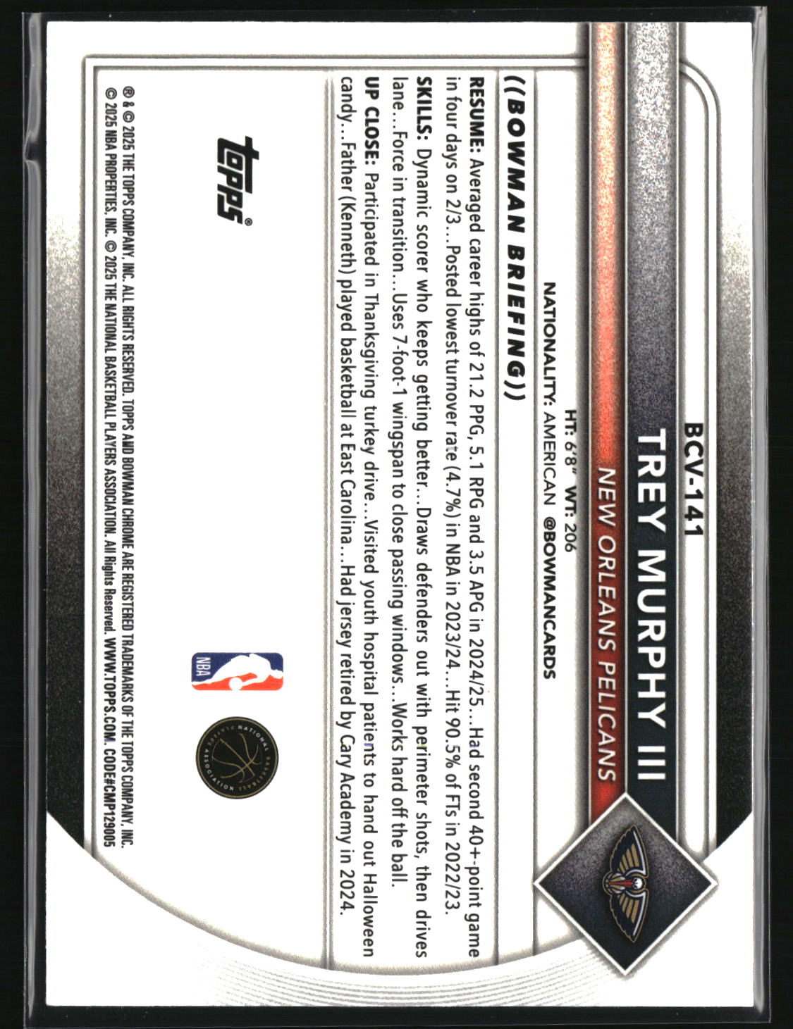 Trey Murphy III 2025-26 Bowman Chrome Purple Mojo Refractors #BCV-141 #/250
