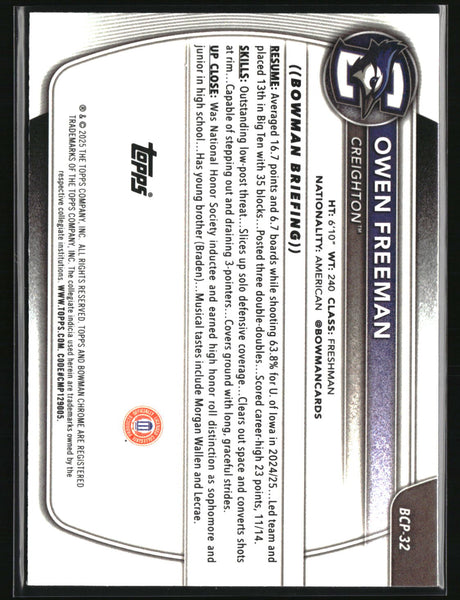 Owen Freeman 2025-26 Bowman Chrome Prospects Reptilian Refractor #BCP-32