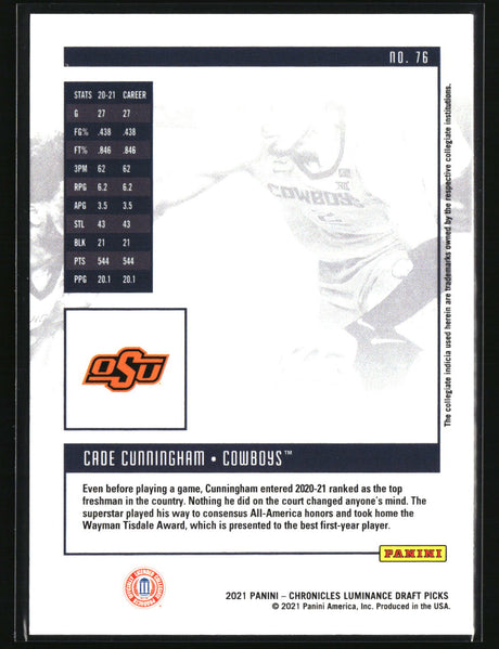 Cade Cunningham 2021 Panini Chronicles Draft Picks #76