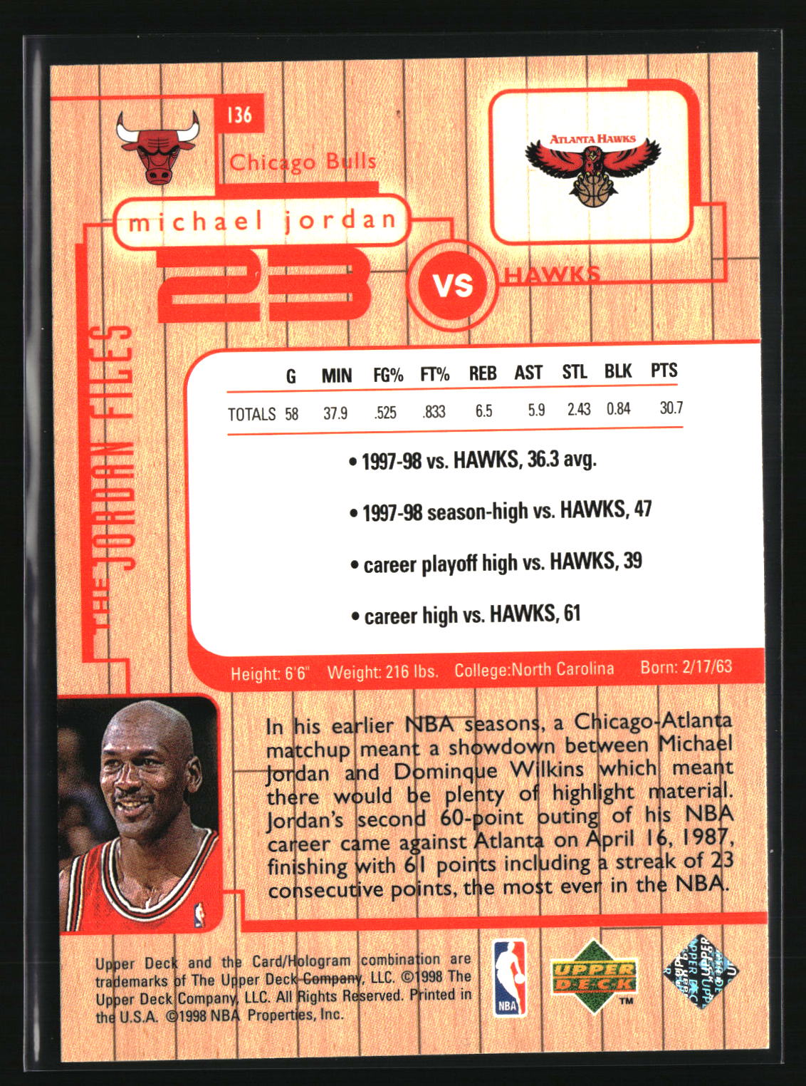Michael Jordan 1998 Upper Deck Michael Jordan Living Legend #136