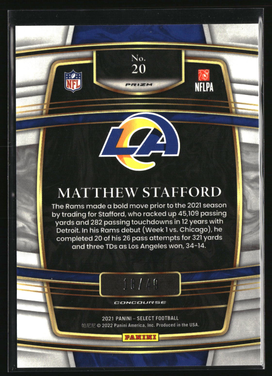 Matthew Stafford 2021 Panini Select Red Disco Prizm #20 #/49