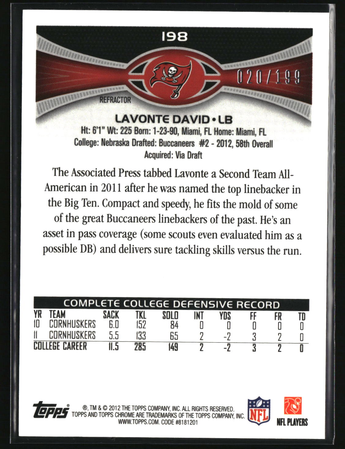 Lavonte David 2012 Topps Chrome Blue Refractors #198 #/199