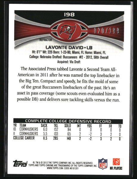 Lavonte David 2012 Topps Chrome Blue Refractors #198 #/199