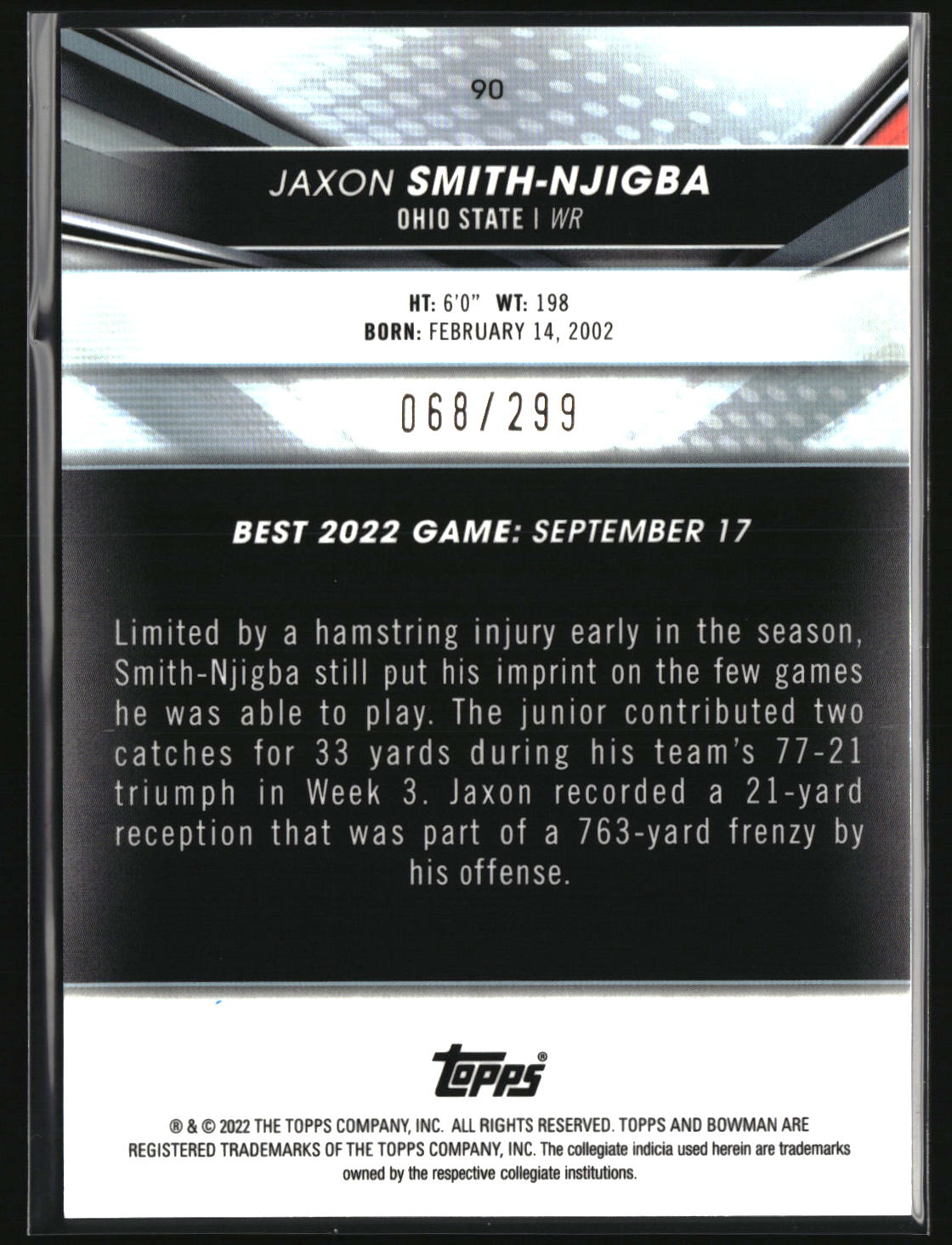 Jaxon Smith-Njigba 2022-23 Bowman's Best University Mini Diamond #90 #/299