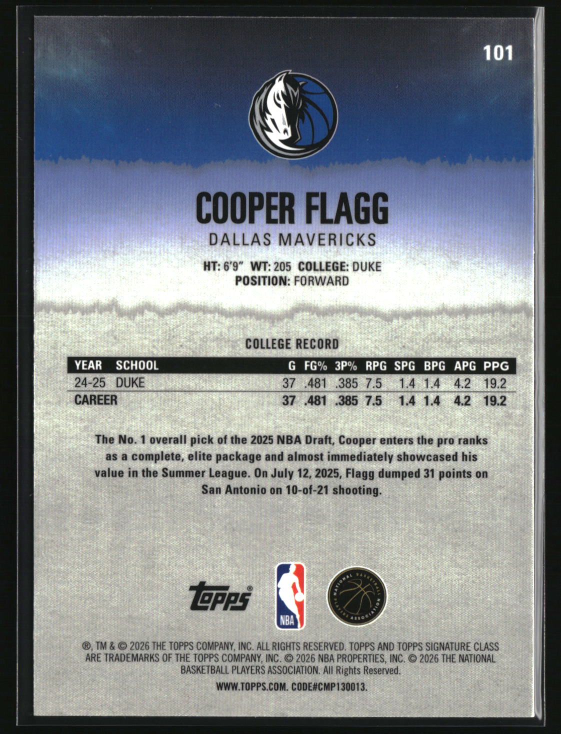 Cooper Flagg 2025-26 Topps Signature Class Chrome Pandora Refractors #101