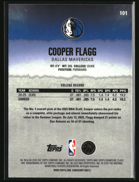 Cooper Flagg 2025-26 Topps Signature Class Chrome Pandora Refractors #101