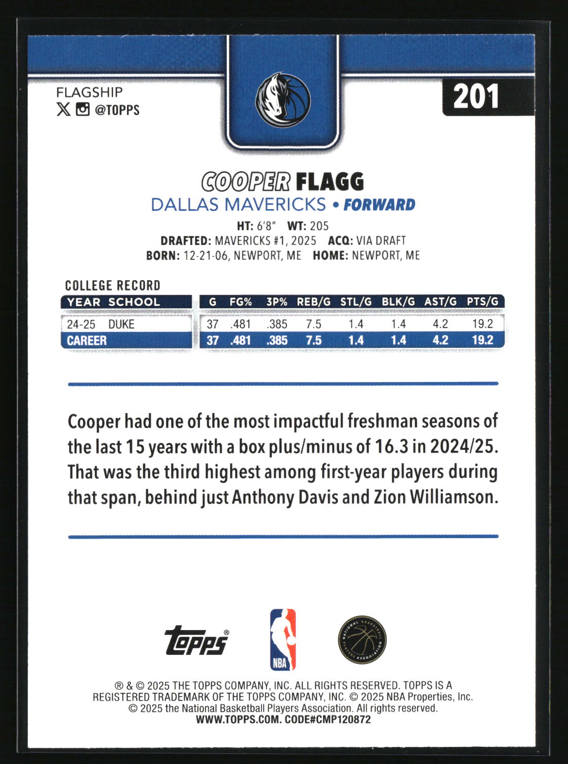 Cooper Flagg 2025-26 Topps #201