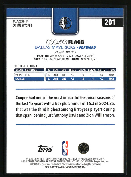Cooper Flagg 2025-26 Topps #201