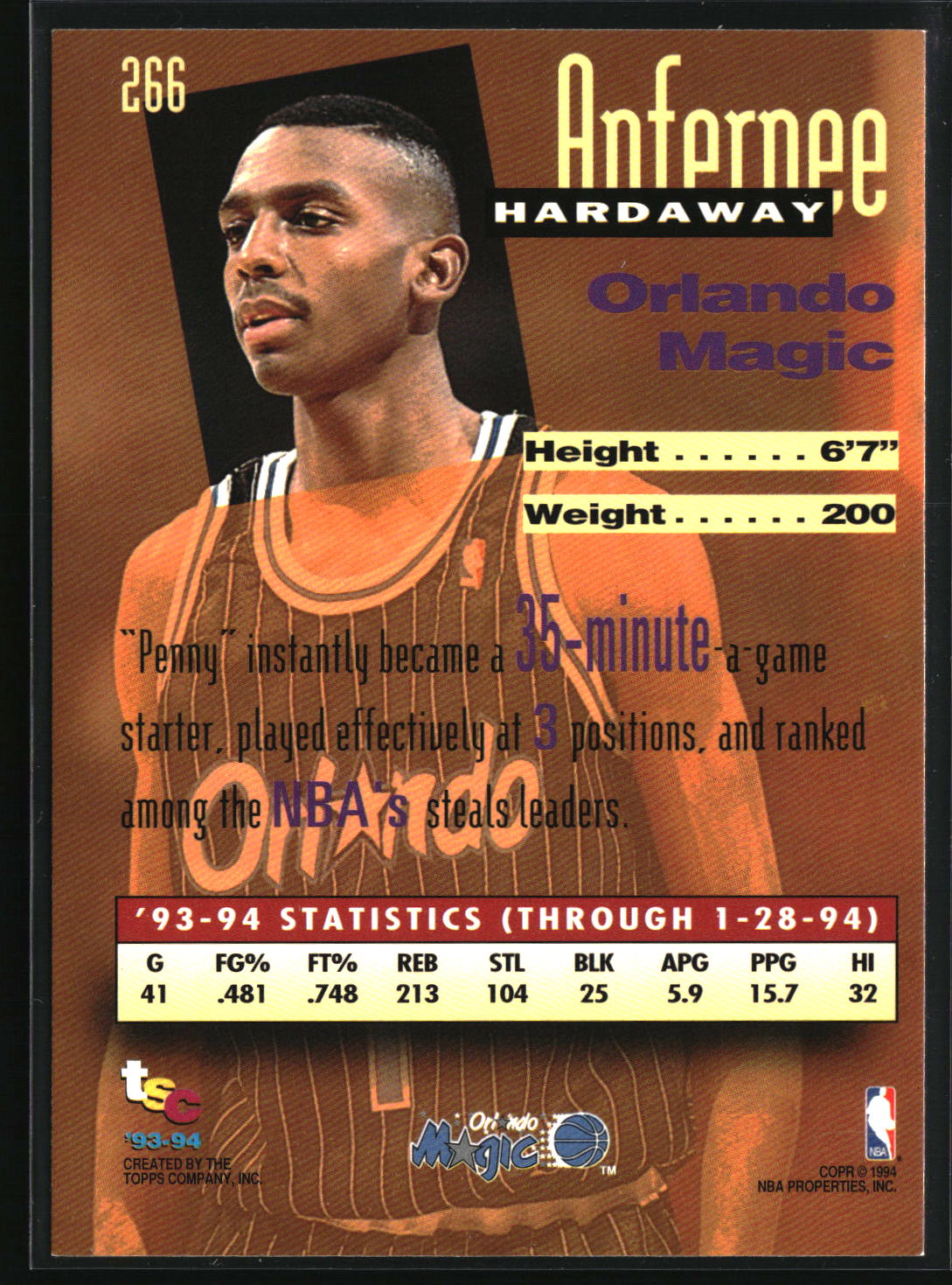 Anfernee Hardaway 1993-94 Stadium Club First Day Issue #266
