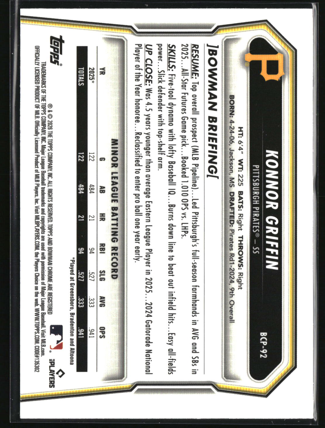 Konnor Griffin 2026 Bowman Chrome Prospects Mini Diamond #BCP-92